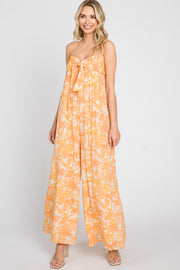 Orange Leaf Print Strapless Front Tie Jumpsuit