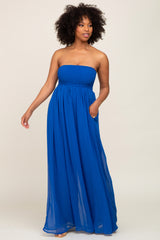 Royal Blue Smocked Strapless Wide Leg Jumpsuit