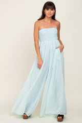 Mint Green Smocked Strapless Wide Leg Jumpsuit