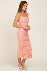 Peach Mesh Ruched Cross Back Side Slit Midi Dress