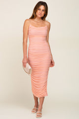 Peach Mesh Ruched Cross Back Side Slit Midi Dress