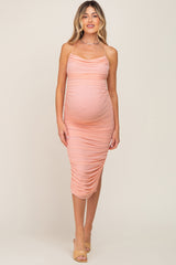 Peach Mesh Ruched Cross Back Side Slit Maternity Midi Dress