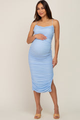 Light Blue Mesh Ruched Cross Back Side Slit Maternity Midi Dress