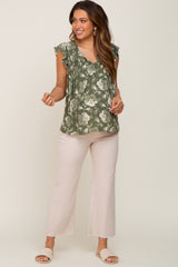 Green Floral Flutter Sleeve Front Tie Maternity Top