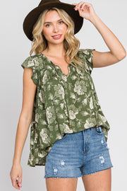 Green Floral Flutter Sleeve Front Tie Top