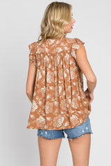 Rust Floral Flutter Sleeve Front Tie Top