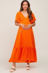 Orange Satin Smocked Maternity Midi Dress