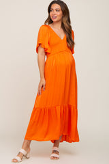 Orange Satin Smocked Maternity Midi Dress