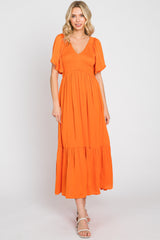 Orange Satin Smocked Maternity Midi Dress