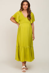 Green Satin Smocked Maternity Midi Dress