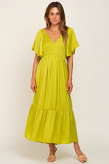 Green Satin Smocked Midi Dress