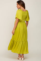 Green Satin Smocked Maternity Midi Dress