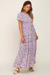 Lavender Floral Smocked Scoop Back Ruffle Hem Maternity Maxi Dress