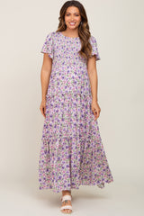 Lavender Floral Smocked Scoop Back Ruffle Hem Maternity Maxi Dress