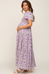 Lavender Floral Smocked Scoop Back Ruffle Hem Maternity Maxi Dress