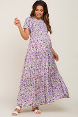 Lavender Floral Smocked Scoop Back Ruffle Hem Maternity Maxi Dress