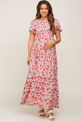 Pink Floral Smocked Scoop Back Ruffle Hem Maternity Maxi Dress