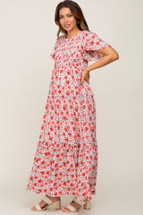 Pink Floral Smocked Scoop Back Ruffle Hem Maternity Maxi Dress