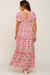 Pink Floral Smocked Scoop Back Ruffle Hem Maternity Maxi Dress