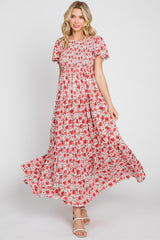 Pink Floral Smocked Scoop Back Ruffle Hem Maxi Dress