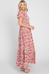 Pink Floral Smocked Scoop Back Ruffle Hem Maxi Dress