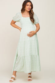 Mint Green Floral Smocked Square Neck Maternity Midi Dress