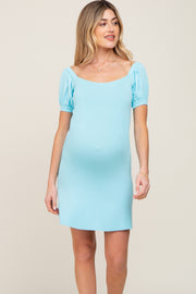 Aqua Rib Knit Off Shoulder Puff Sleeve Maternity Dress