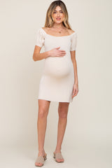 Cream Rib Knit Off Shoulder Puff Sleeve Maternity Dress