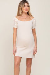 Cream Rib Knit Off Shoulder Puff Sleeve Maternity Dress