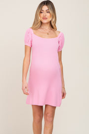 Pink Rib Knit Off Shoulder Puff Sleeve Maternity Dress