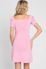 Pink Rib Knit Off Shoulder Puff Sleeve Dress