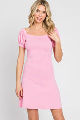 Pink Rib Knit Off Shoulder Puff Sleeve Dress