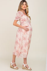 Mauve Floral Puff Sleeve Chiffon Maternity Midi Dress