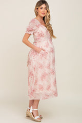 Mauve Floral Puff Sleeve Chiffon Maternity Midi Dress