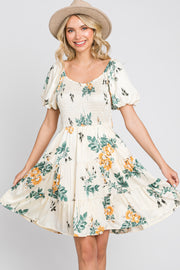 Cream Floral Satin Smocked Puff Sleeve Dress