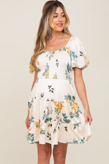 Cream Floral Satin Smocked Puff Sleeve Maternity Dress