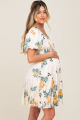 Cream Floral Satin Smocked Puff Sleeve Maternity Dress