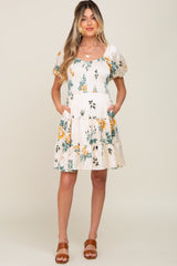 Cream Floral Satin Smocked Puff Sleeve Maternity Dress