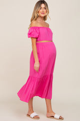 Fuchsia Crop Top and Skirt Two Piece Maternity Set