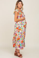 Ivory Floral Ruffle Strap Smocked Maternity Midi Dress