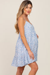 Blue Floral Button Accent Sleeveless Maternity Dress