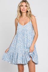 Blue Floral Button Accent Sleeveless Dress