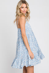 Blue Floral Button Accent Sleeveless Dress