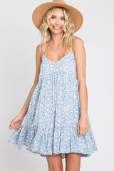 Blue Floral Button Accent Sleeveless Dress