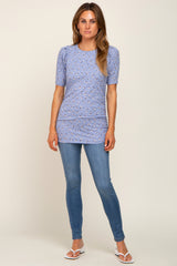 Blue Floral Side Ruched Short Sleeve Top