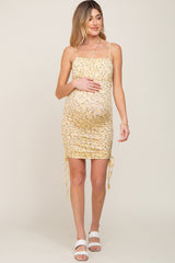 Yellow Floral Sleeveless Ruched Maternity Mini Dress