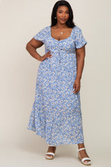 Blue Floral Sweetheart Drawstring Neck Short Sleeve Plus Midi Dress