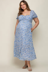 Blue Floral Sweetheart Drawstring Neck Short Sleeve Maternity Plus Midi Dress