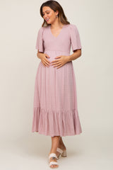 Mauve Textured Dot Smocked Short Sleeve Maternity Midi Dress