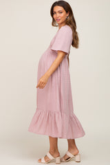 Mauve Textured Dot Smocked Short Sleeve Maternity Midi Dress